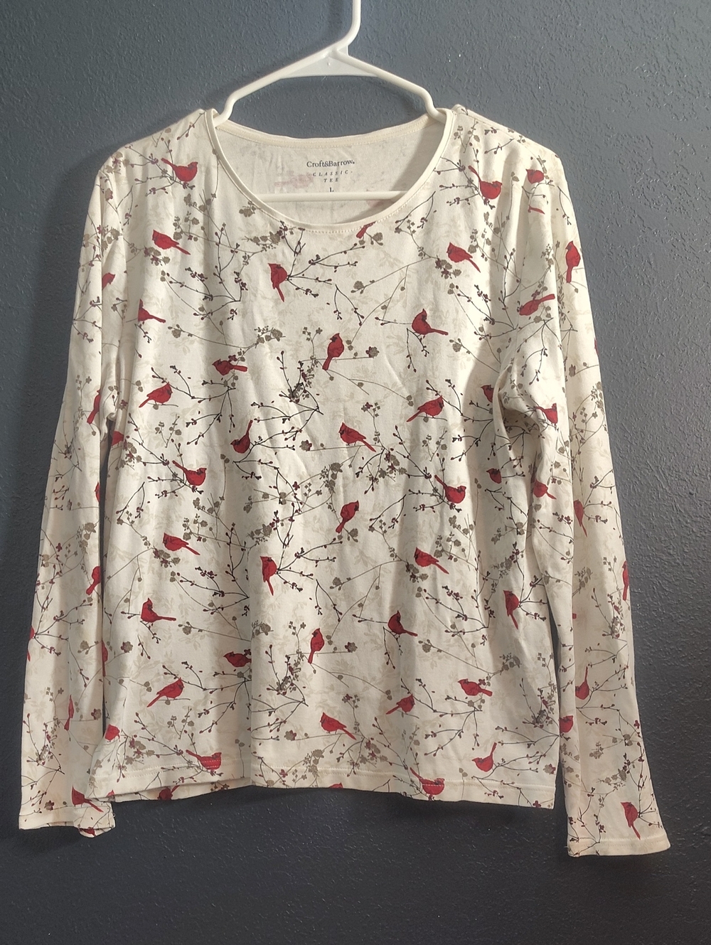 croft & barrow Cream Long-Sleeve Tee with Red Bird Print